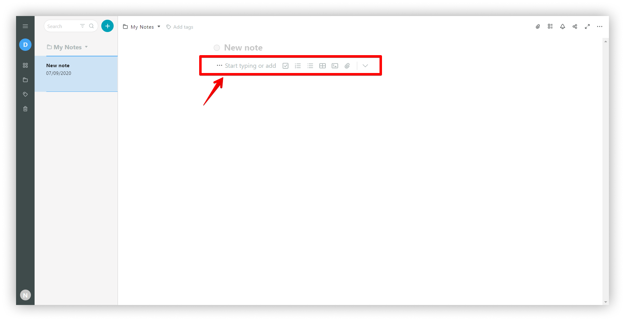 Editing Tools. Once you have created a new page, you will see a tip "Start typing or add."  You just need to click on the three dots menu